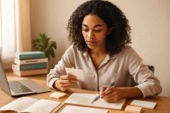 Professora estudando para concurso de pedagogia com flashcards, caderno e planejamento de revisão ativa