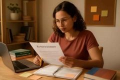 Professora analisando edital de concurso de pedagogia com planner, anotações e materiais de estudo