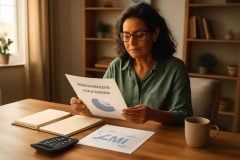 Professora organizando planejamento financeiro de longo prazo para aposentadoria com calculadora, caderno e gráficos