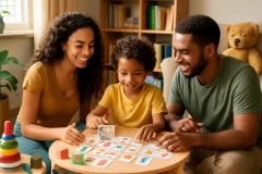 Família em casa participando de um clube do jogo bilíngue com atividades em inglês para crianças