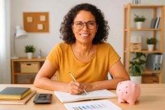 Professora organizando fundo de emergência em escritório doméstico