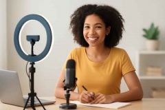 Professor brasileiro em home studio simples para videoaulas com microfone, ring light e webcam