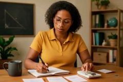 Professor organizando reserva para impostos e férias com planner e calculadora
