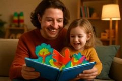 Pais e criança lendo livro pop-up bilíngue em sala aconchegante
