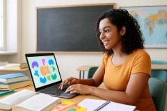 Professora brasileira criando um mapa mental digital no laptop