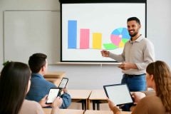 Professor usando o Mentimeter para avaliação formativa em tempo real com alunos participando pelo celular em sala de aula
