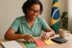 Professora organizando envelopes coloridos para controle orçamentário