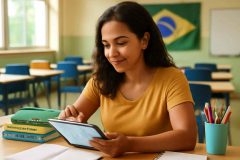 Educadora brasileira usando planner digital no iPad para organizar estudos