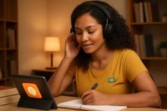 Professora brasileira estudando com fones de ouvido e tablet