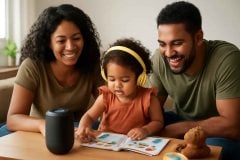 Família ouvindo podcast em inglês com criança em ambiente de aprendizagem bilíngue em casa