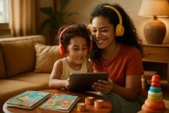 Família usando podcasts em inglês para crianças em casa