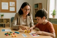 Psicopedagoga aplicando intervenção para discalculia com materiais concretos e apoio visual