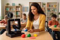 Psicopedagoga utilizando impressão 3D para criar materiais sensoriais inclusivos em sala de aula