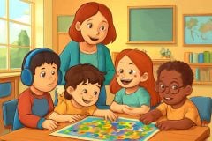 Crianças em sala inclusiva jogando um jogo cooperativo sob orientação de uma educadora