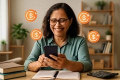 Professor usando smartphone com ícones de cashback perto de livros e planner