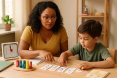 Psicopedagoga usando apoios visuais e materiais de sequência para estimular a memória de trabalho de uma criança