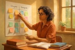 Professora utilizando a matriz Eisenhower para organizar tarefas de estudo