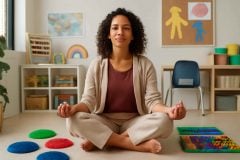 Psicopedagoga praticando mindfulness em sala de aula inclusiva
