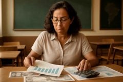 Professora organizando carteira de renda fixa em mesa com gráficos, títulos e calculadora