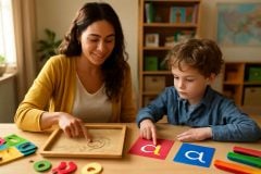 Psicopedagoga aplicando atividades multissensoriais de alfabetização com uma criança com dislexia