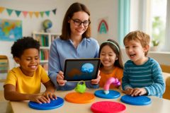 Professora com tablet usando realidade aumentada em sala inclusiva
