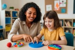 Psicopedagoga aplicando reforço positivo sensorial com brinquedos educativos e materiais sensoriais em sala de aula inclusiva