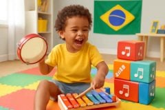 Criança brincando com brinquedos musicais bilíngues em um ambiente colorido