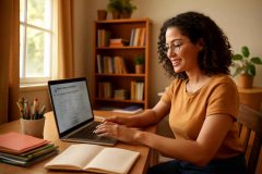 Professora organizando banco de questões de concurso no Notion em laptop, com cadernos e material de apoio ao redor