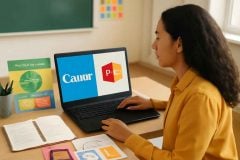 Professora comparando Canva e PowerPoint para criar aulas mais visuais