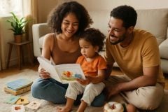 Família em casa participando de um clube do livro bilíngue infantil com leitura compartilhada