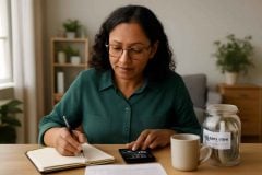 Professor organizando fundo de emergência e orçamento mensal em ambiente de estudo
