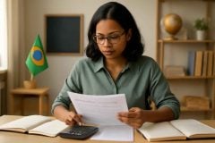 Professor organizando um plano de investimento automático com planner, calculadora e orçamento mensal