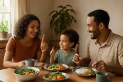 Família praticando inglês com uma criança durante o jantar em casa