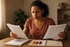 Professora comparando apostilas para concurso de pedagogia com checklist de critérios de escolha