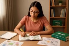 Professora estudando didática para concurso de pedagogia com livros, anotações e planner organizado