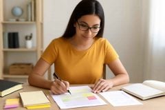 Professora estudando o ECA para concursos de pedagogia com lei destacada, planner e materiais de revisão