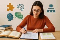 Professora organizando estudo de psicologia da educação para concurso de pedagogia com resumos, livros e quadro comparativo