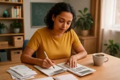 Professor organizando um planejamento financeiro mensal com planner, calculadora e contas sobre a mesa