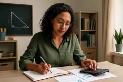 Professor organizando plano de investimentos em renda fixa com caderno e calculadora