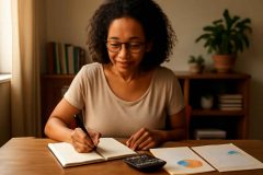 Professor organizando plano de aposentadoria com calculadora, planner e anotações financeiras