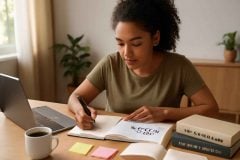 Educadora brasileira organizando um plano de estudos para concurso de pedagogia em uma mesa de estudos