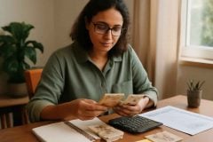 Professor organizando contas, calculadora e planejamento para quitar dívidas