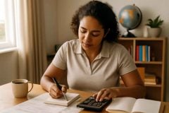 Professor organizando o orçamento pessoal com planner, calculadora e caderno em casa