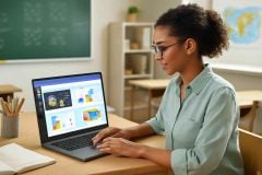 Professor criando apresentações de aula no Canva com IA em um ambiente de ensino digital