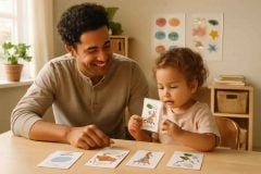 Pai ou mãe usando flashcards em inglês com uma criança em casa em um momento de aprendizagem bilíngue lúdica.