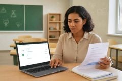 Professor organizando tarefas e feedback no Google Classroom em ambiente de sala de aula