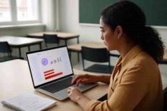 Professor analisando avaliação diagnóstica no Google Forms em sala de aula