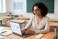 Professor utilizando o NotebookLM no notebook para organizar textos, resumos e planejamento de aulas