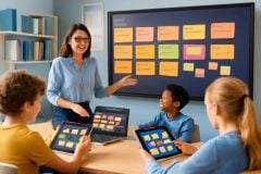 Professor utilizando o Padlet com alunos em uma atividade colaborativa na sala de aula