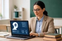Professor usando uma ferramenta de pesquisa com IA no notebook para planejar aulas e checar fontes